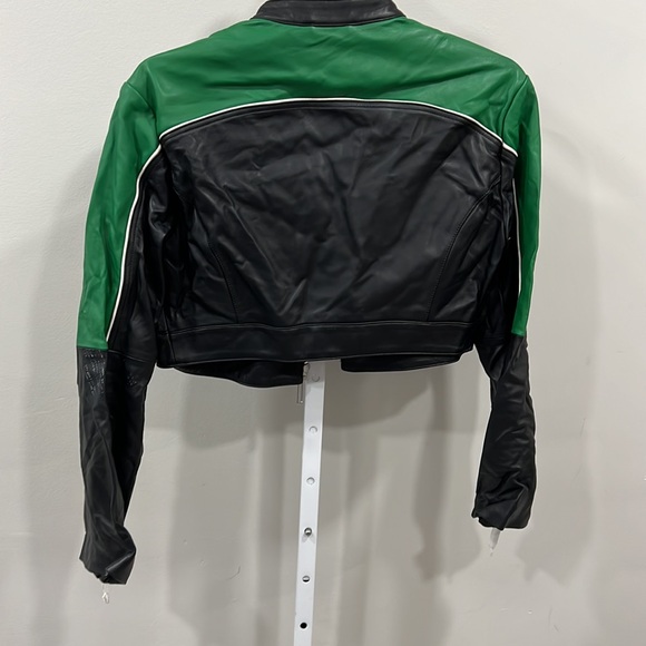 Camila Coelho Cropped Moto Biker Leather Jacket in Green & Black - Picture 7 of 9